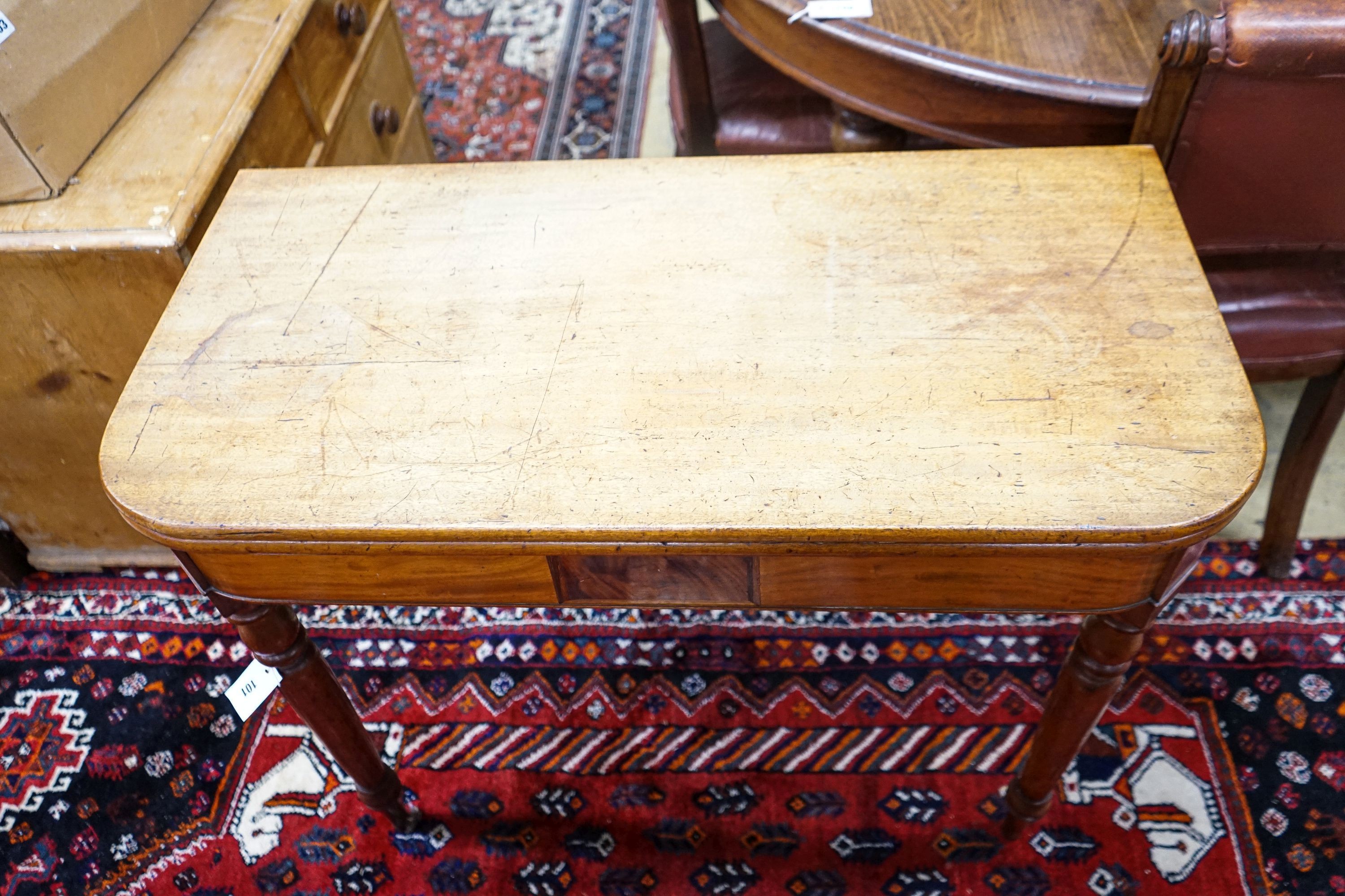 A George IV faded mahogany rectangular folding tea table, width 90cm, depth 45cm, height 76cm